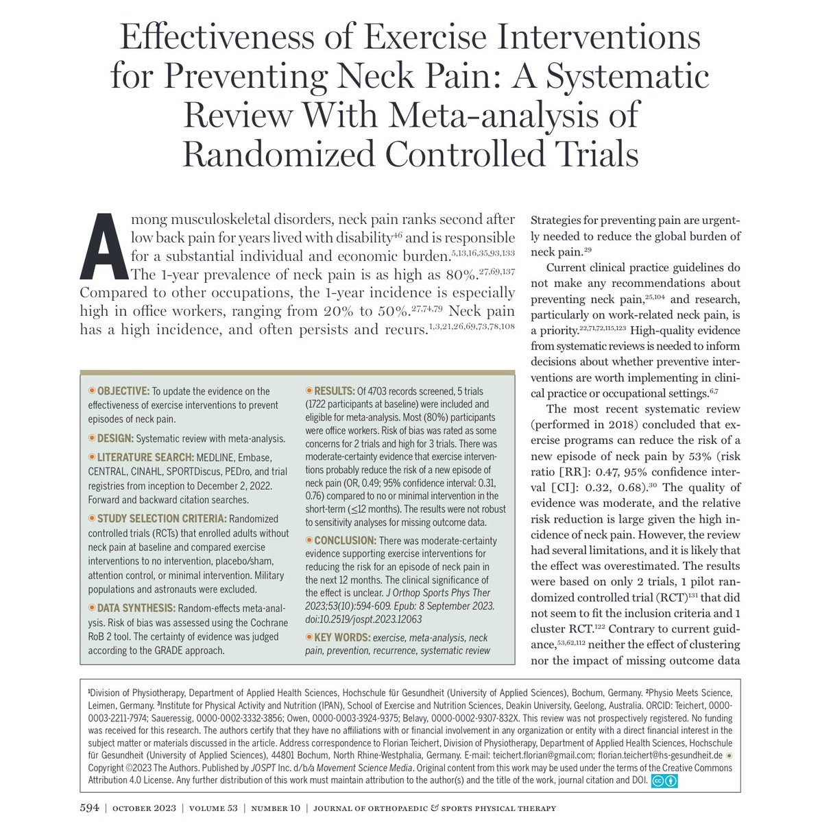 Retlouping's tweet image. Now open access

Effectiveness of Exercise Interventions for Preventing Neck Pain: A Systematic Review With Meta-analysis of Randomized Controlled Trials jospt.org/doi/epdf/10.25…