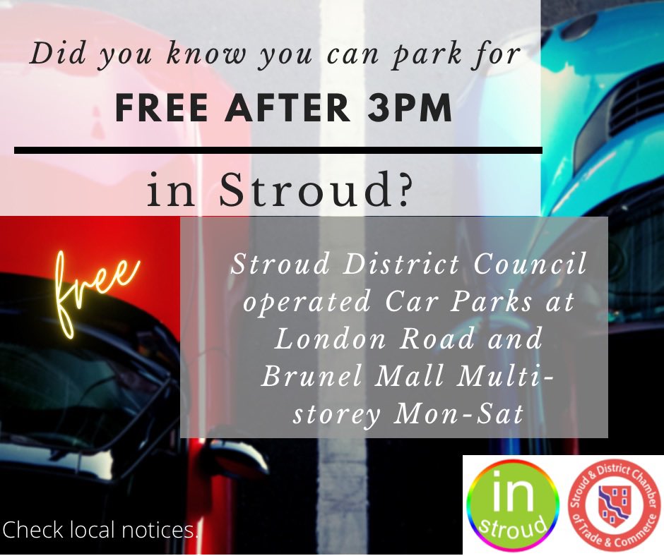 It’s FREE PARKING after 3pm, Monday - Saturday in the London Road (outdoor) & Brunel Mall (multi-storey) Car Parks! Plenty of opportunity to browse around town and enjoy a meal out too 👍 #ShopLocal #ThinkLocalFirst #ProudToBeIndependent #Stroud #InStroud