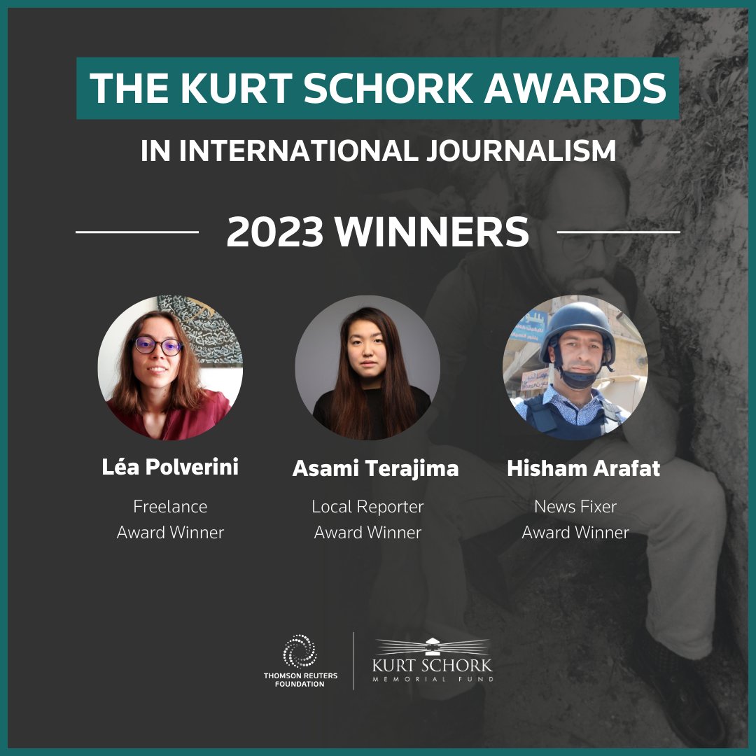 🙏 The freelancer covering persecution of minorities in China 🇺🇦 The journalist reporting from Ukraine's frontlines 💪 The fixer taking brave personal risks in Syria Congratulations to @AsamiTerajima, @polvrini and @HishamArafatt – the 2023 winners of the #KurtSchork Awards. 🧵