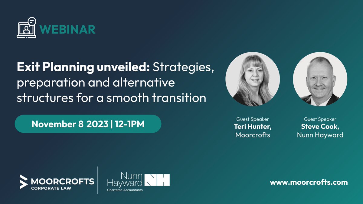 moorcroftsllp's tweet photo. Are you considering selling your business within the next five years? 

Whether you’re looking to exit to a third party, explore management buyouts or simply want to ensure your exit strategy is tax-efficient join our free webinar👇

@nunn_hayward 
https://t.co/yaz85SrpAx https://t.co/XaEl5jC4qv