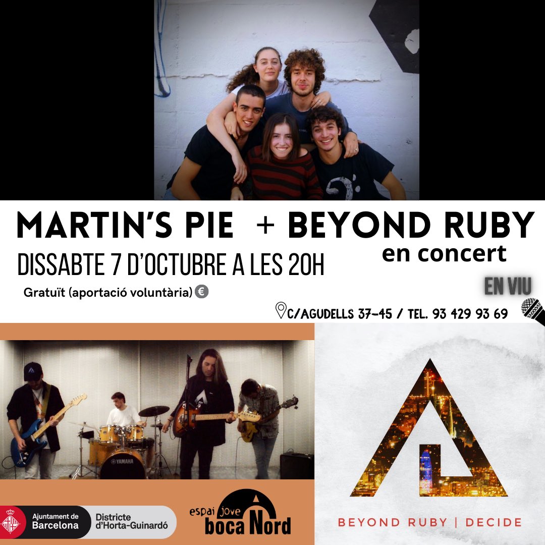 ✨ CONCERT DE BUCS!  

El Grup Beyond Ruby s’estrenen a Boca Nord amb un paquet de cançons assajades als bucs d’assaig de Boca Nord. 

🔥 + Artista convidat MARTIN’S PIE 🔥
