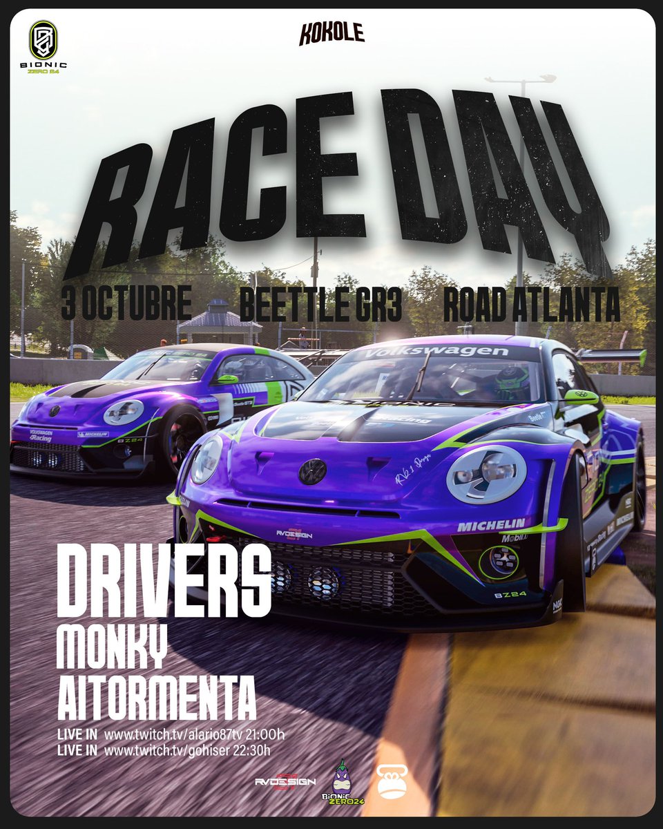 Vuelta al KOKOLE | <a href="/KOKO__Racing/">KOKO Racing</a> | Ronda 4 

📍Road Atlanta 
🤖 <a href="/BZ24_Aitormenta/">Aitor Ruiz Rodriguez</a> 
🤖 @BZ24_IvanMonky 
🚗 Beetle GR3
🎙️ Sala 1 <a href="/alario1987/">Alario87 TV</a> 21:00
🎙️ Sala 2 <a href="/GoHiSer/">G🐣HISER</a> 22:30

En directo AQUÍ 
twitch.tv/alario87tv 
twitch.tv/GoHiSer

#GOBZ24