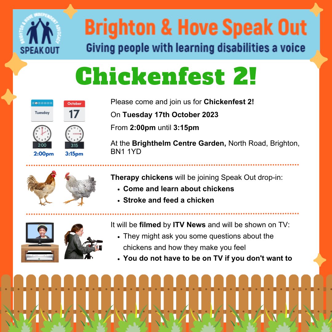 Chickenfest 2.0 🐓🐣 is coming to the central drop-in on Tuesday 17th October! The TV cameras will be rolling with ITV coming out to film for a feature that will be shown on the news! 📺🎥 🗓️ Tuesday 17th October ⏰ 2pm - 3:15pm 🗺️📍 Brighthelm Centre Garden, BN1 1YD