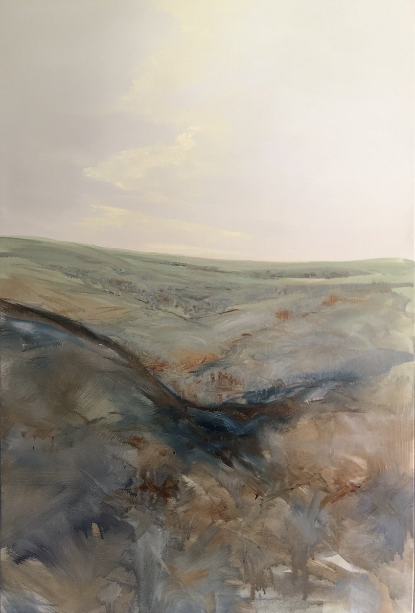 LuMorganArt's tweet photo. I paint from my subconscious &amp; when I stop and look at what I’ve done I have to decide whether to stop, or work into it. I see a distant Misty landscape taken by someone lying in the grass next to a big rock just after sunrise 
My dilemma is do I stop painting and leave it? #art https://t.co/ETPqpjOqqk