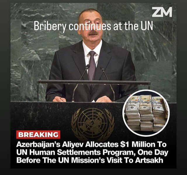 #Aliyev allocates USD 1 million to the #UN human settlements program 1 day before the UN Mission’s visit to #Artsakh. Politics is all about finance and interests, and not about human rights, justice, dignity, integrity etc.