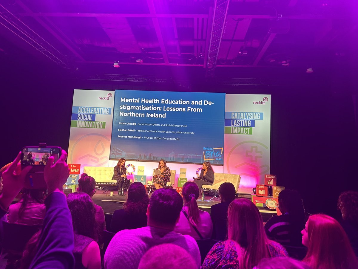 Our very own returning Ambassador Aimee hosting a session on Mental Health Education &amp; Destigmatisation with <a href="/profsiobhanon/">Siobhán O'Neill (she/her)</a> &amp; Rebecca from Eden Consultancy NI 👏👏 #OYW2023 <a href="/OneYoungWorld/">One Young World</a>