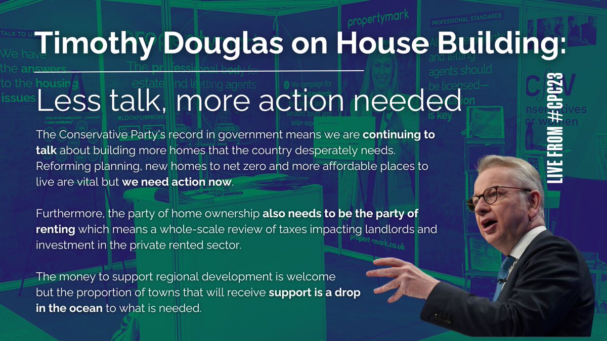 Live from #CPC23 our Head of Policy &amp; Campaigns Timothy Douglas gives our take on Gove's speech.  With housebuilding targets revised to anything from "advisory" goals to "a starting point", we just need to see the #Government deliver on homes including #affordablehousing.