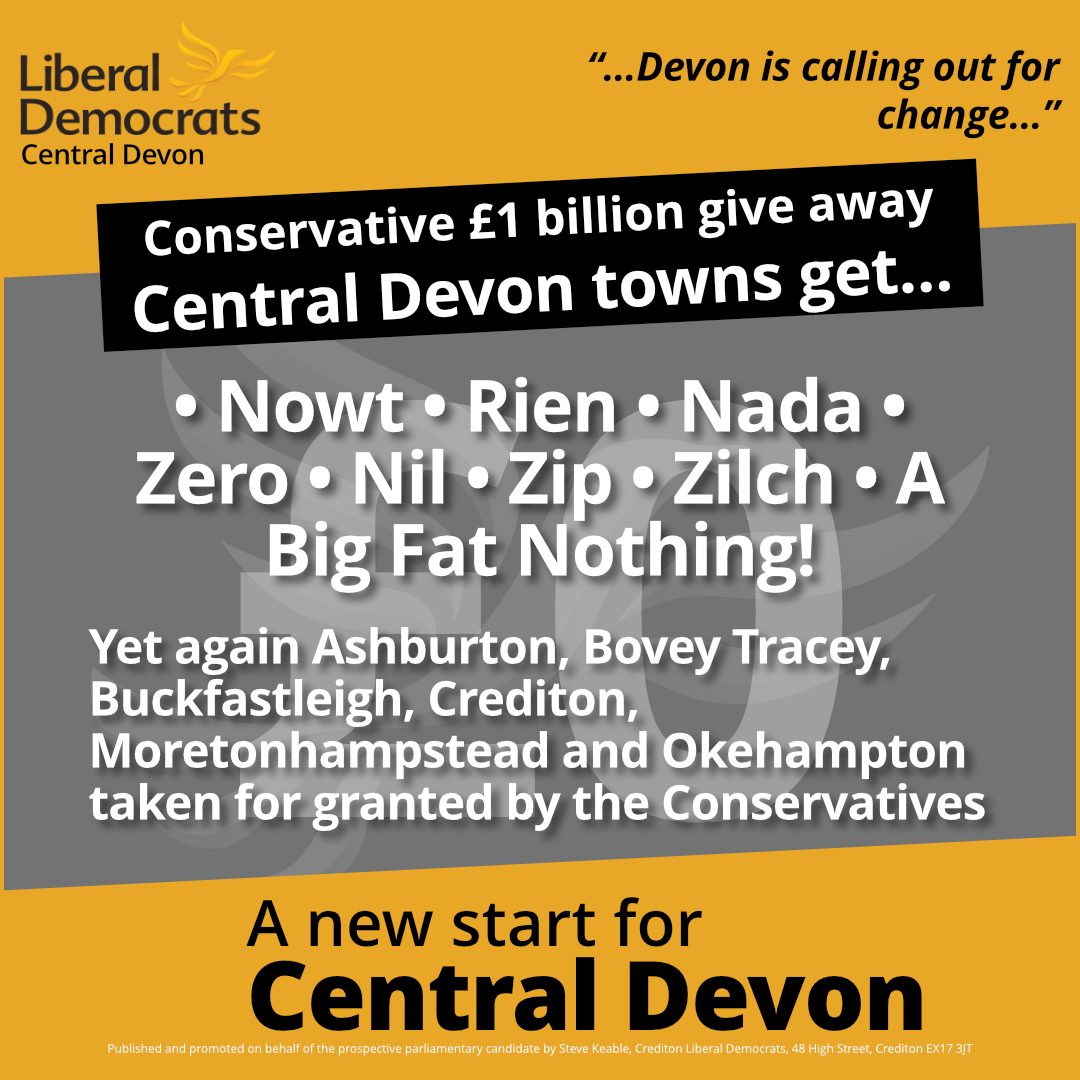 Yet again #Ashburton, #BoveyTracey, #Buckfastleigh, #Crediton, #Moretonhampstead and #Okehampton taken for granted by the Conservatives. What's our local Conservative MP doing about it? Nowt?