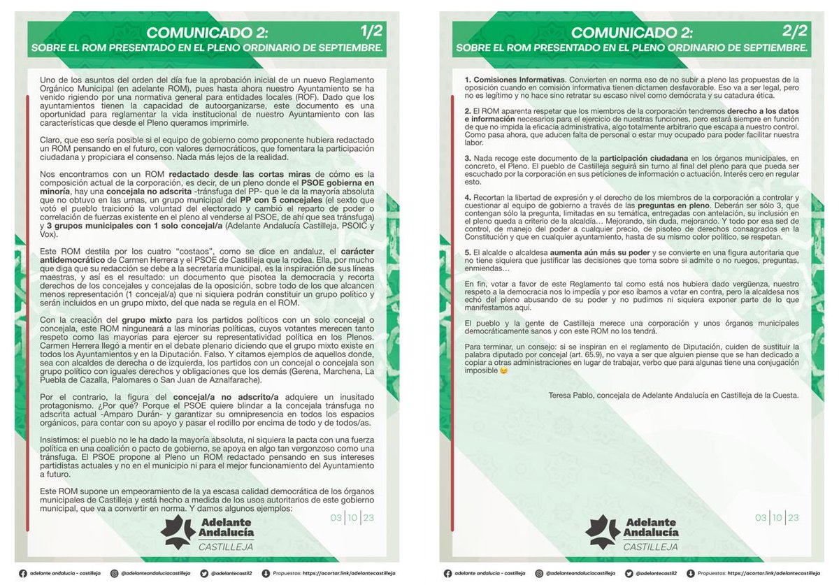 ADELANTECASTIL2's tweet photo. 🔴COMUNICADO sobre el Reglamento Orgánico Municipal en el pleno ordinario de septiembre.

🤯Si creías haberlo visto todo en #CastillejaDeLaCuesta, prepárate cuando leas esto. https://t.co/Mh1gp4xSbu
