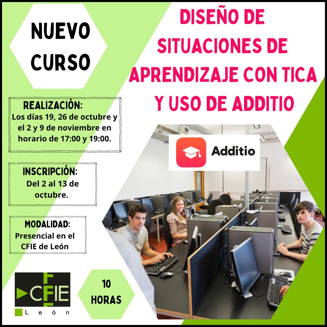 📢📢 NUEVO CURSO:

DISEÑO DE SITUACIONES DE APRENDIZAJE CON TICA Y USO DE ADDITIO 💻🖱️

ℹ️ CONVOCATORIA: goo.su/WgBy

✍️ INSCRIPCIÓN: goo.su/F14z

#formaciónCyL
#tiCyL
#incluCyL
#investigaCyL