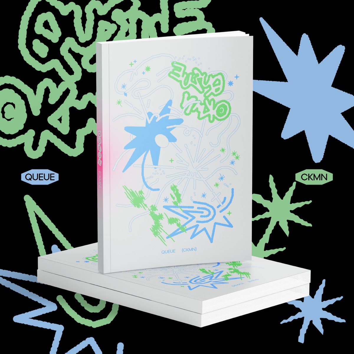 designBluish's tweet image. CKMN 님의 &amp;lt;queue&amp;gt; 표지와 내지, 책갈피 작업했습니다!