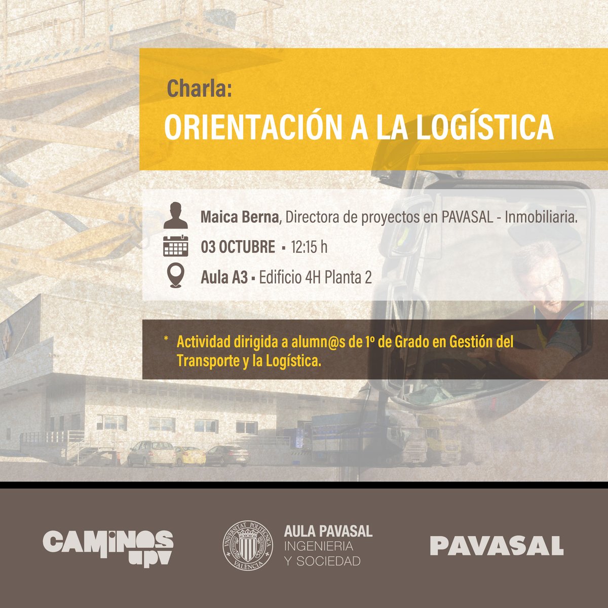 CaminosUPV's tweet photo. 🟡🔛 HOY el #AulaPAVASAL organiza una sesión sobre “Orientación a la logística”, impartida por la directora de proyectos de @PAVASAL-Inmobiliaria, Maica Berna
📍⏰ 12:15h, edificio 4H
➡️ Dirigida a estudiantes de 1º de Gestión del Transporte y la Logística https://t.co/SLTPxbNb6h