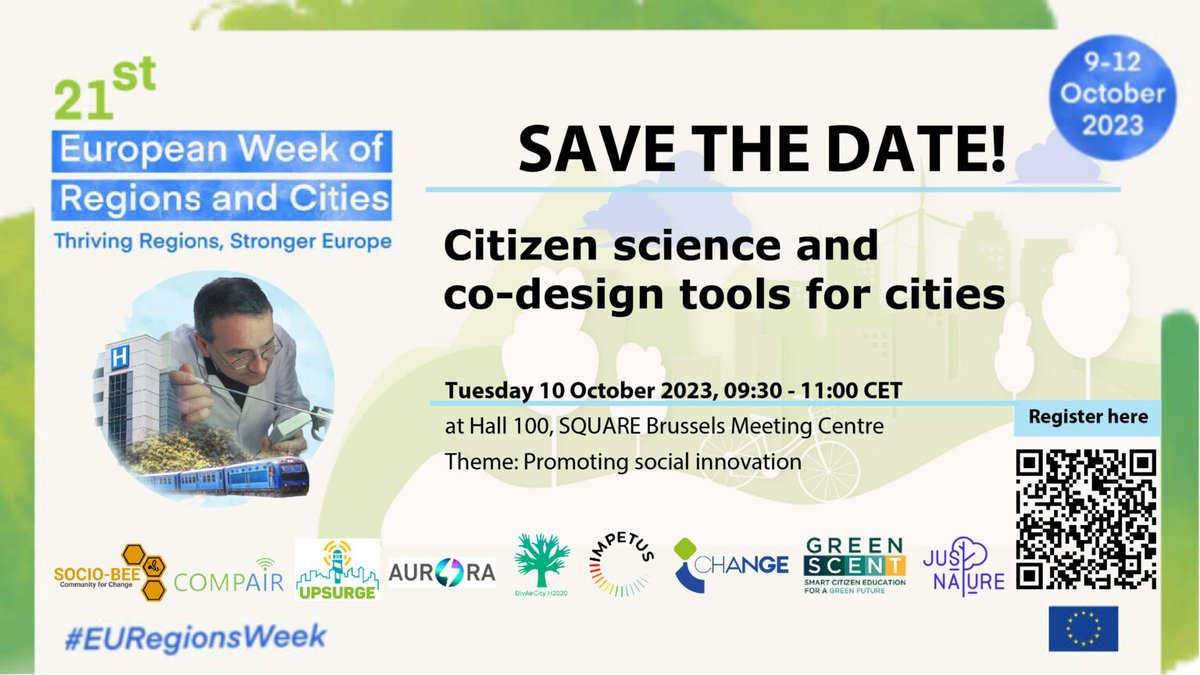 #SaveTheDate 

🌍 Excited to explore 10 state-of-the-art #CitizenScience and co-design instruments to empower local communities to shape more #SustainableCities🏨?

📅Join us and 9 other great #citsci projects at this year's #EURegionWeek on October 10th.

bit.ly/3rqSTrm