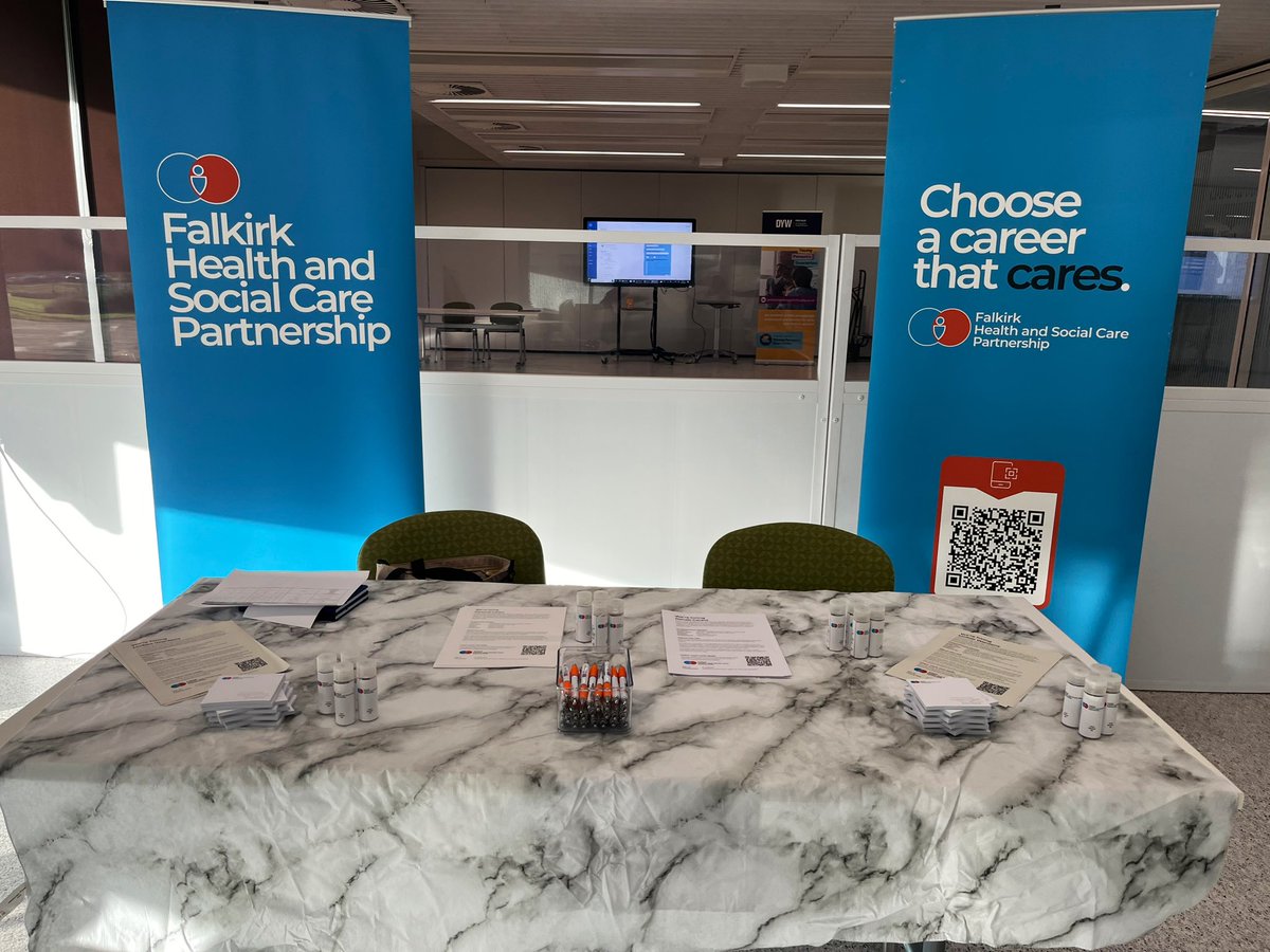 FalkirkHSCP's tweet photo. 👋🏻 All set up at the @DYW_ForthValley  careers event for pupils today!
 
Looking forward to chatting about the different routes into care and inspiring  career options with #TeamFalkirk 💙 https://t.co/hZUuLOMBjU