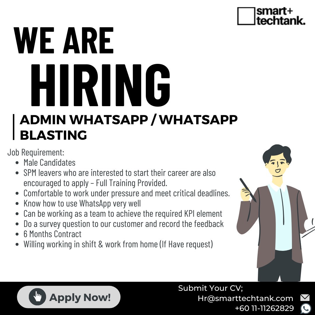 hdsnad's tweet photo. URGENT HIRING ‼️‼️ 

Position Needed: Admin WhatsApp Blast

Salary Range: RM1600 - RM1800
Location: Bukit Jelutong, Shah Alam  

Please submit your Resume/CV to hr@smarttechtank.com

@twtkerjakosongg @MauKerjaMY @kerjakosong_MY_ @kerjakosong123 @Oh_KerjaKosong @kerja_kosongMY https://t.co/ck9keI3Ol2
