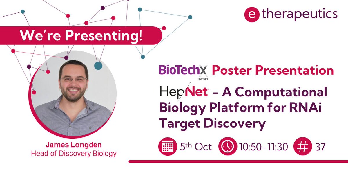 TangramTx's tweet image. @BioTechX_ starts tomorrow! Visit Poster #37 on Thursday to learn more about our computational platform, HepNet, from our Head of Discovery Biology, James Longden $ETX #ETX #TargetDiscovery #RNAi #AI