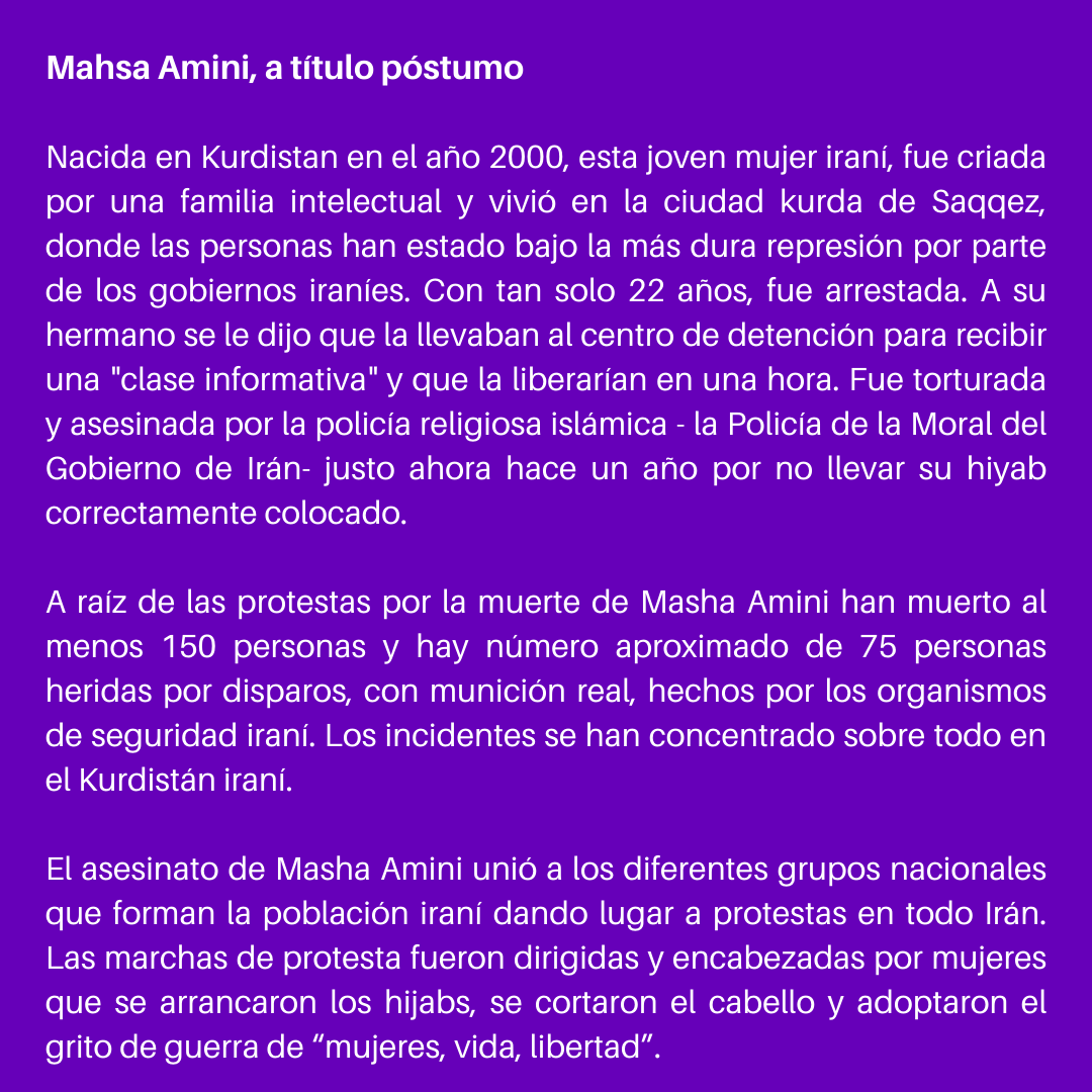 Clubdelas25's tweet photo. #PremiosC25 especial a título póstumo a #MahsaAmini Su asesinato dió lugar a protestas en todo Irán, dirigidas y encabezadas por mujeres al grito de “mujeres, vida, libertad”. Recoge  en su nombre la activista Nilufar Saberi de manos de la escritora yZoubida Boughaba. https://t.co/RmwPpD9Xdx