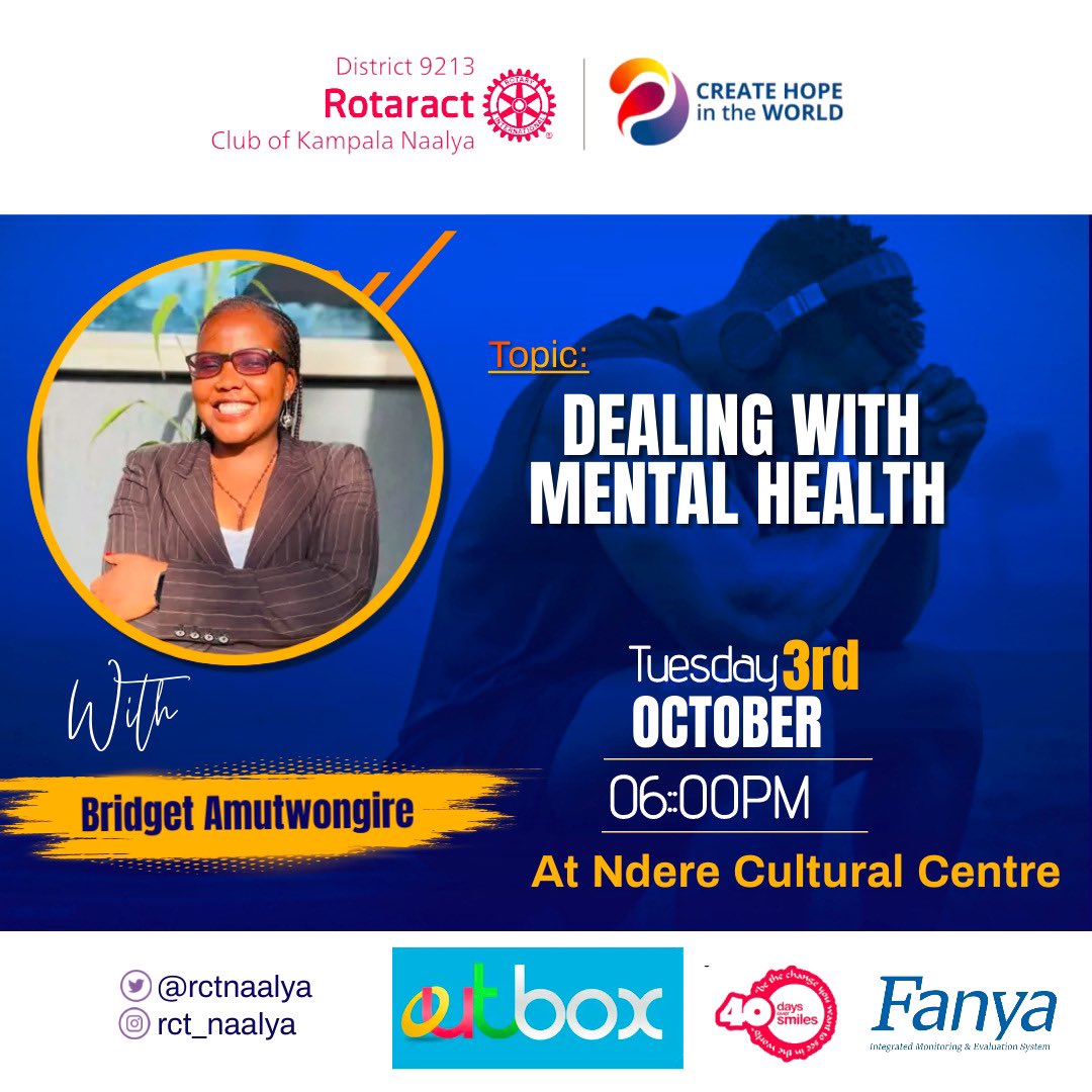 October is #MentalHealthAwarenessMonth and 
today I will be speaking during fellowship at @rctnaalya 

Theme: Dealing with mental health . 

Venue🏨: Ndere Cultural Central

Date: Tuesday 3rd October 2023

Time🕓: 6.00pm 
FREE ENTRY

#CreateHopeInTheWorld 
#RotaryInternational