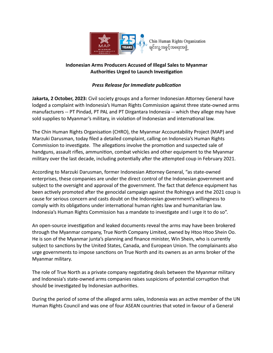 PVamplify's tweet photo. Myanmar Accountability Project, @ChinHumanRights &amp; Marzuki Darusman filed a complaint urging #Indonesia’s Human Rights Commission to investigate allegations of three state-owned arms manufacturers selling military supplies to the #Myanmar junta. https://t.co/PiT4Vzgz75 https://t.co/Nyro5lct8U