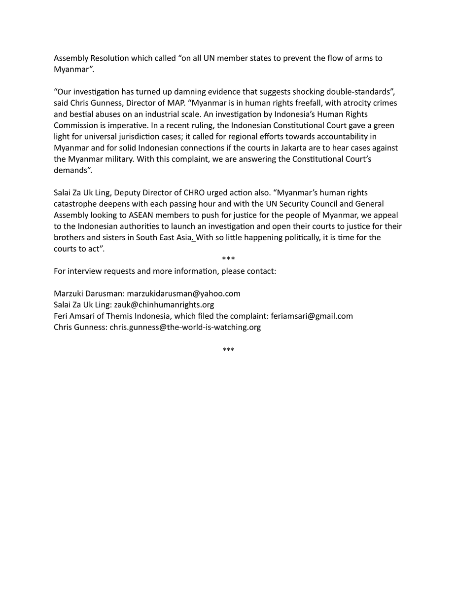 Myanmar Accountability Project, <a href="/ChinHumanRights/">ChinHumanRightsOrg</a> &amp; Marzuki Darusman filed a complaint urging #Indonesia’s Human Rights Commission to investigate allegations of three state-owned arms manufacturers selling military supplies to the #Myanmar junta. bit.ly/3ROt5Ad