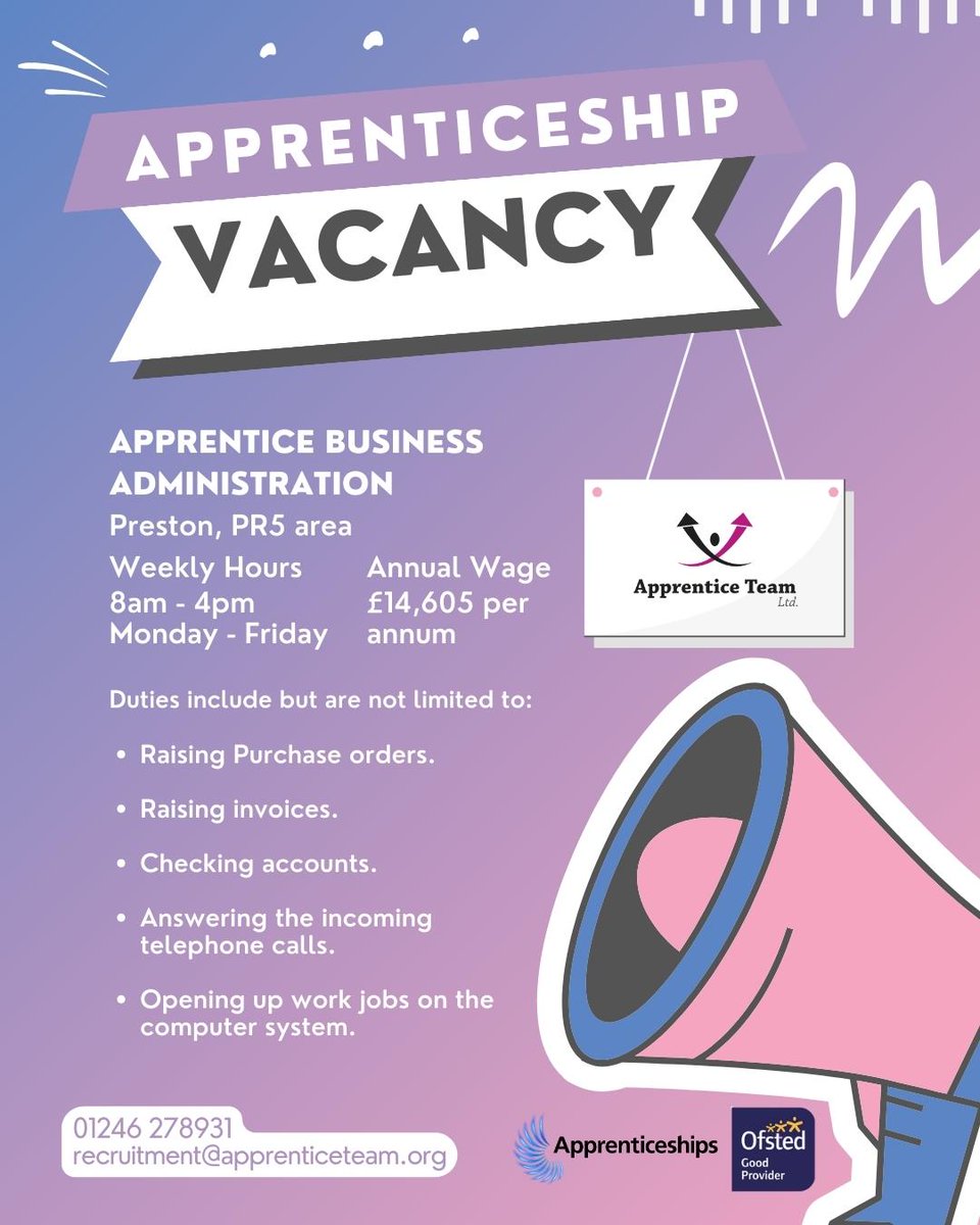 Unlock your potential in Business Administration with this apprenticeship vacancy we currently have available! 💼🚀

In the Preston area and interested? Contact us for more information...

Call 01246 278931 or email recruitment@apprenticeteam.org

#Preston #PrestonJobs