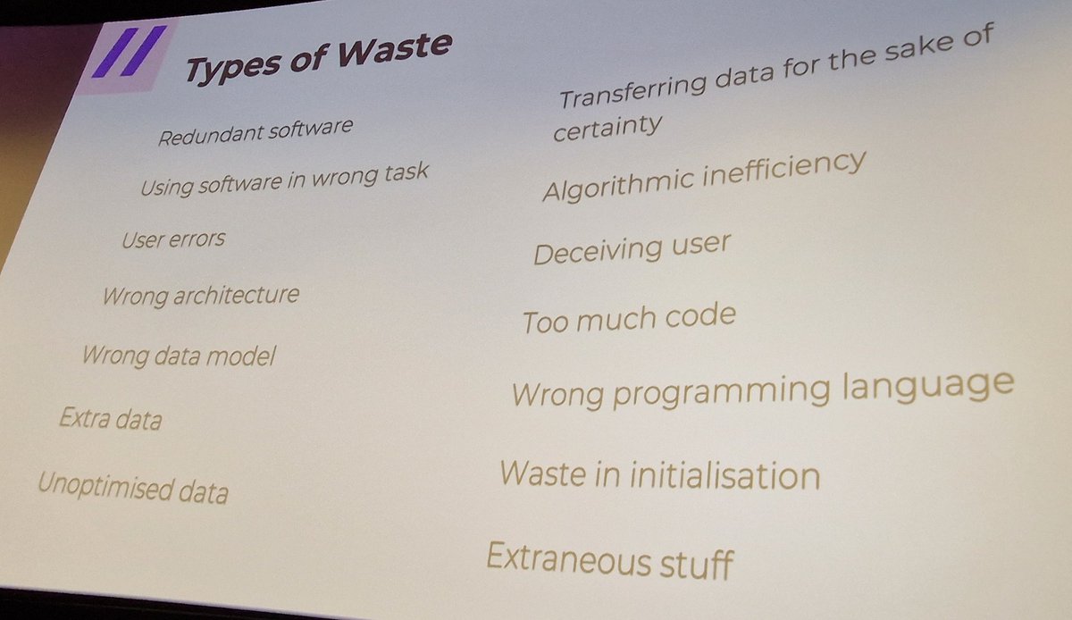 Borrowing the concept of waste from lean manufacuring:  reducing energy consumpion in software by removing bits that do not add value. And there are many kinds of waste, see list! <a href="/plastic/">Janne Kalliola</a> <a href="/exove/">ExoVe</a> <a href="/koodiasuomesta/">Koodia Suomesta | Code from Finland</a>
#GreenICT #mindtrek23 #sustainability