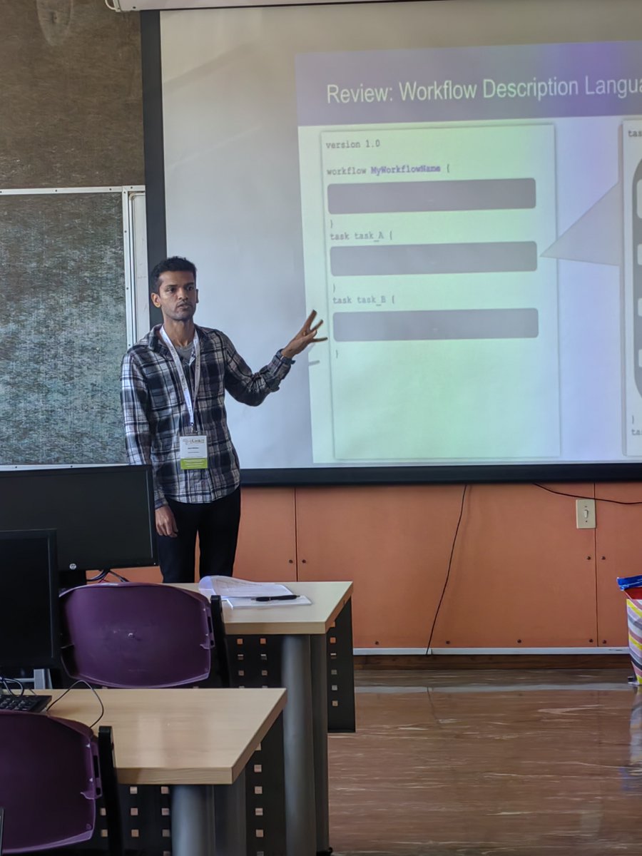 eLwazi_ODSP's tweet photo. It's day 2 of the #ContainersandWorkflows workshop with Beri Shifaw introducing attendees to the Workflow Description Language. Beri Shifaw is a Senior Computational Associate at the @broadinstitute, USA.
#DataScience #ContainersandWorkflows #Bioinformatics https://t.co/fmIpuTZ6zr