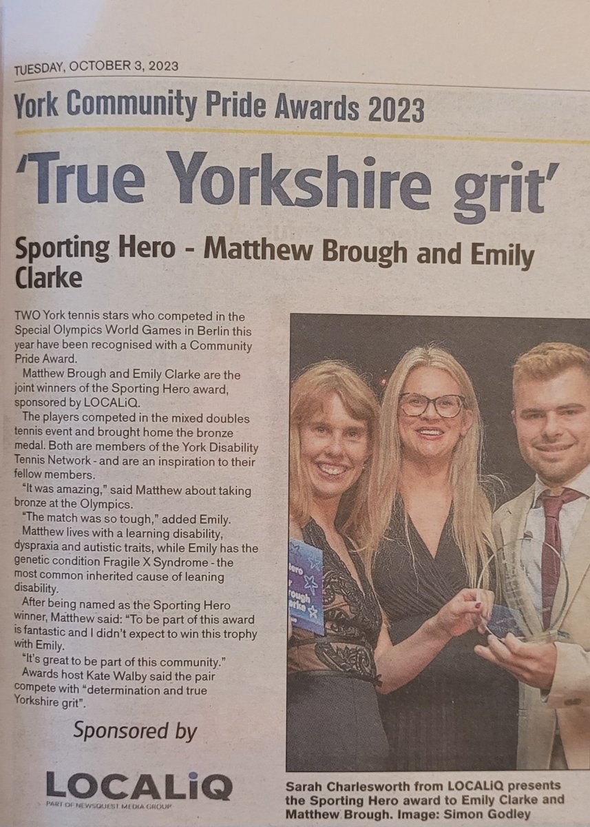 So lovely to see my daughter and her tennis partner celebrated in @yorkpress today. Especially as we approach #FragileXawareness day on 10/10. #fragilextraordinary #thisgirlcan #teamsogb