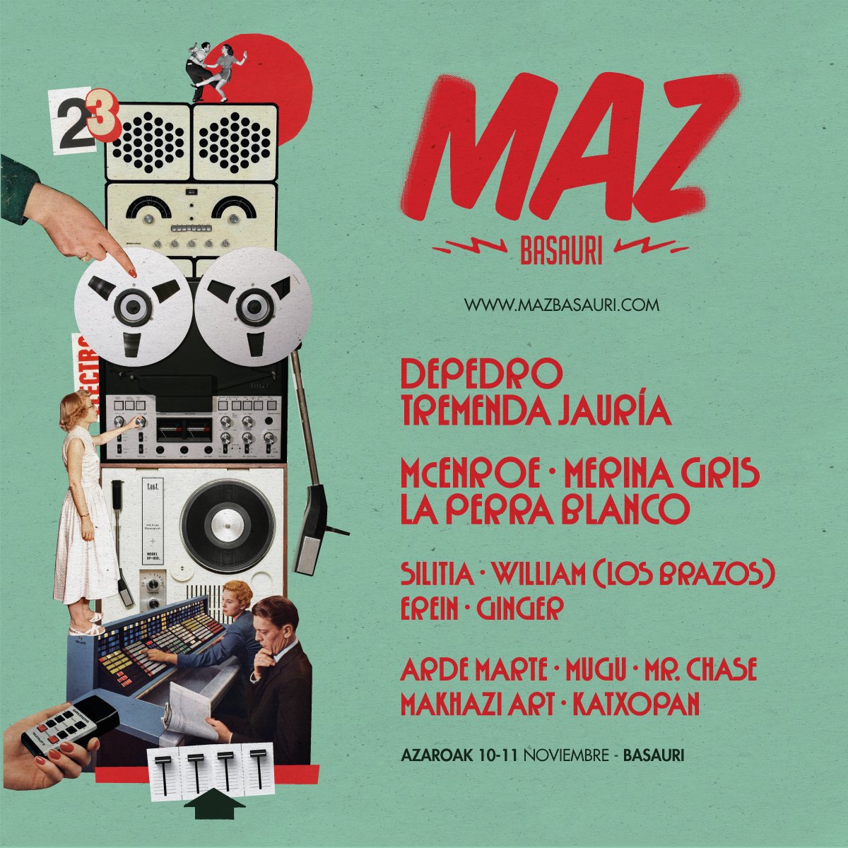 👋 Kaixo! ¡Hola! MAZ Basauriren beste edizio baterako prest? ¿Preparados-as para una nueva edición de MAZ Basauri?
⏰ Azaroak 10-11 Noviembre,
📍<a href="/socialantzokia/">Teatro Social Antzokia</a> + kalean doakoak · gratuitos en la calle
<a href="/Depedromusic/">DEPEDRO</a> · <a href="/tremendajauria/">Tremenda Jauría</a> · <a href="/McEnroe_Banda/">McEnroe_Banda</a>· <a href="/MerinaGris/">Merina Gris</a> (Tweet 1/3)