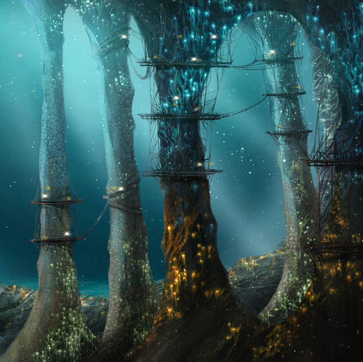 Mechanical citadels and factories pollute colorful basins of magical brine whose very contents power those same machines.

Sharks, crabs and manta rays battle each other under the rule of octopus Matriarchs, adorned with bone and cartilage trophies, donning mechanical