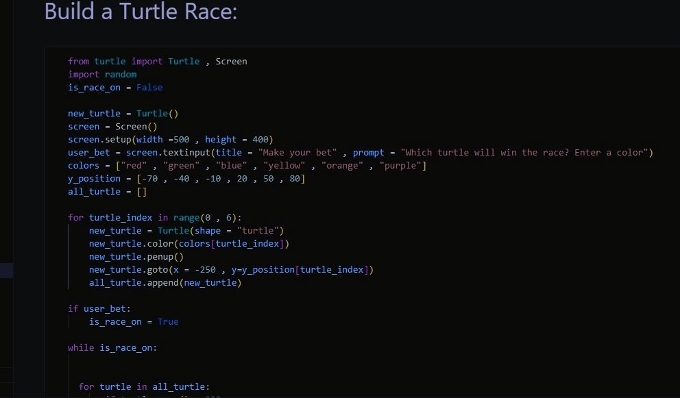 mathametician's tweet photo. Day_19 #100DaysOfCode 
Today  I built the mini project " The Turtle Race Game" 🐢. The user  picked the turtle colors of their preference  and at the end of  the race the winner was announced.🏆
#python #OOP #coding #turtlemodule #project #CodeNewbie https://t.co/3nRlcSQMVh