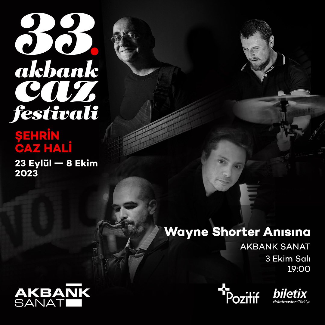 Bu akşam 19.00’da bu şahane kadro ile Akbank Caz Festivali’nde Wayne Shorter’ı anıyoruz. Akşam Akbank Sanat’ta görüşmek üzere👇 Engin Recepoğulları - tenor saksafon Can Çankaya - piyano Alper Yılmaz - basgitar Ediz Hafızoğlu - davul