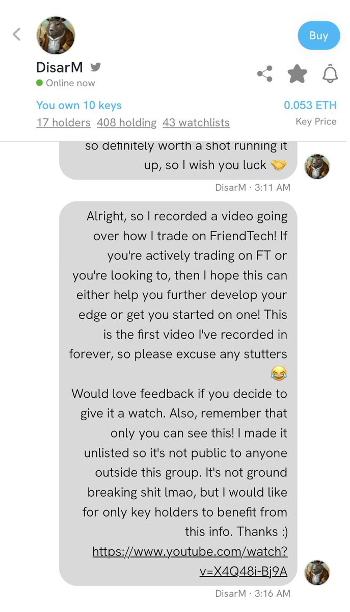 TraderDisarM's tweet image. Uploaded a video going over my trading strategy on @friendtech! It’s unlisted, meaning only my key holders currently have access 🫣
Trying to give as much value as I can to those who hold my key 🤝