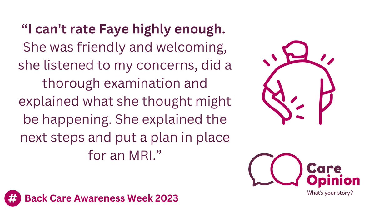 CareOpinionScot's tweet photo. During #BackCareAwareness Week, we'd like to share a story of resilience. This individual sought help and found exceptional care from Faye, a specialist MSK physio. Her expertise, attentiveness, and support made a world of difference. @NHSGrampian
https://t.co/3fvKHtWWzN https://t.co/TQlisl10CO