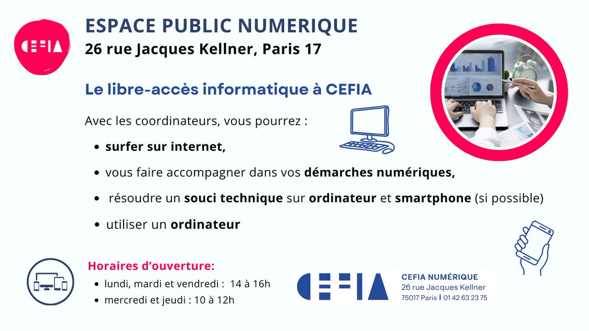 cscefia's tweet photo. A l'espace public numérique de Centre Social CEFIA, les coordinateurs vous accueillent avec bienveillance et répondent de leur mieux à vos questions. https://t.co/R9pUORMBXN