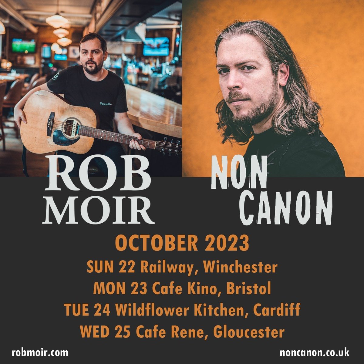 Back after a lovely refreshing week off, time to plug some gigs. First up, a few @noncanon555 ones this month with @robmoirmusic: