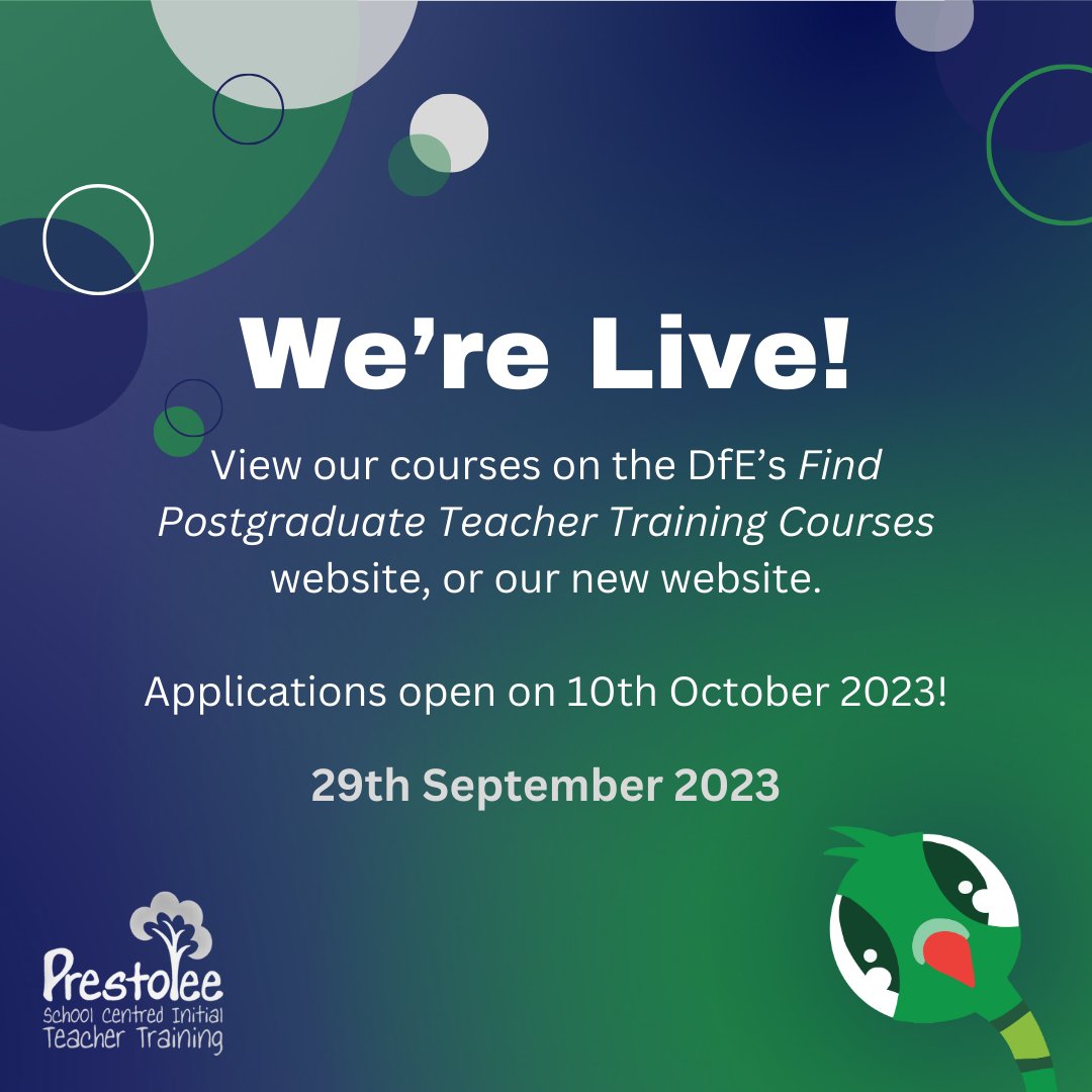 PrestoleeScitt's tweet photo. We are live! You can now view our courses for our September 2024 intake.

Applications will open on Tuesday 10th October at 9:00am. Get in touch to find out more now!

#DfE #PrestoleeSCITT #TeacherTraining https://t.co/1aQivwfqQk