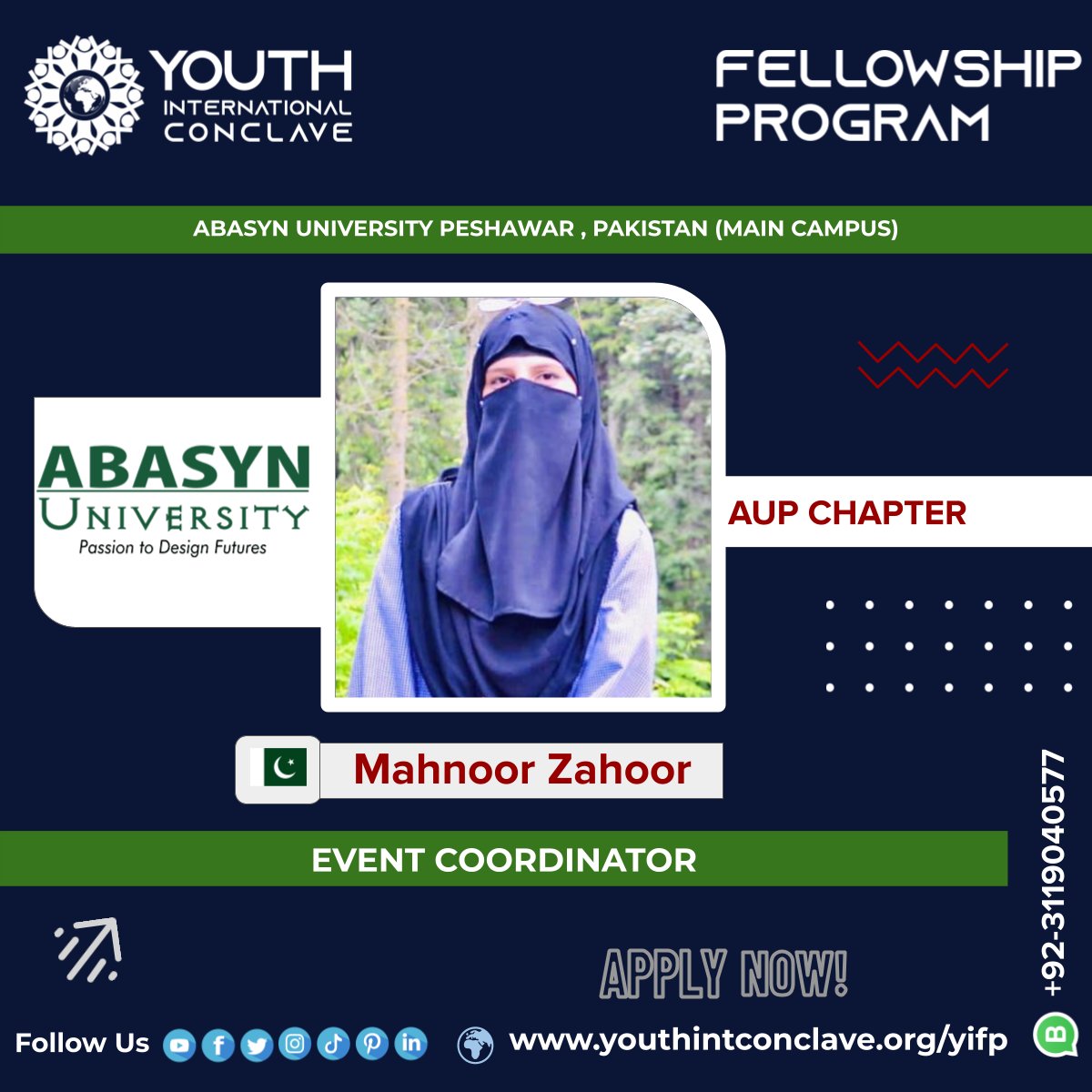🌟Ms. Mahnoor Zahoor: Our Energetic Event Coordinator

<a href="/youthinconclave/">Youth International Conclave YIC</a> announcing Ms. Mahnoor Zahoor as the Event Coordinator for the Youth International Fellowship Program (YIFP) representing <a href="/AUPofficial/">Abasyn University</a> (AUP Chapter)

YIFP Link: lnkd.in/dfmM789h

#YIC #APUChapter #YIFP