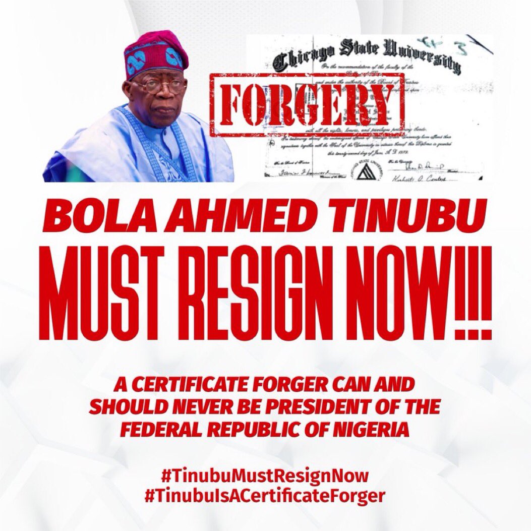 <a href="/DavidHundeyin/">David Hundeyin</a> If you are a person of honor and integrity just hit like and share and let's make this go viral.

A certificate forger should have no business being the President of the Federal Republic of Nigeria.

Like
Share
Let's make this trend

#TinubuMustResignNow
#TinubuFiles