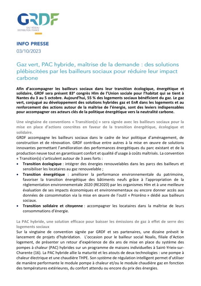 🗞️ #INFOPRESSE
#GRDF est présent au congrès de l’<a href="/UnionHlm/">UnionHlm</a>. 
#GazVert, PAC hybride, maîtrise de la demande : des solutions plébiscitées par les bailleurs sociaux pour réduire leur impact carbone !
➡️ cutt.ly/2wb7T14x

#CongrèsHlm #Energie #Decarbonation #EnR