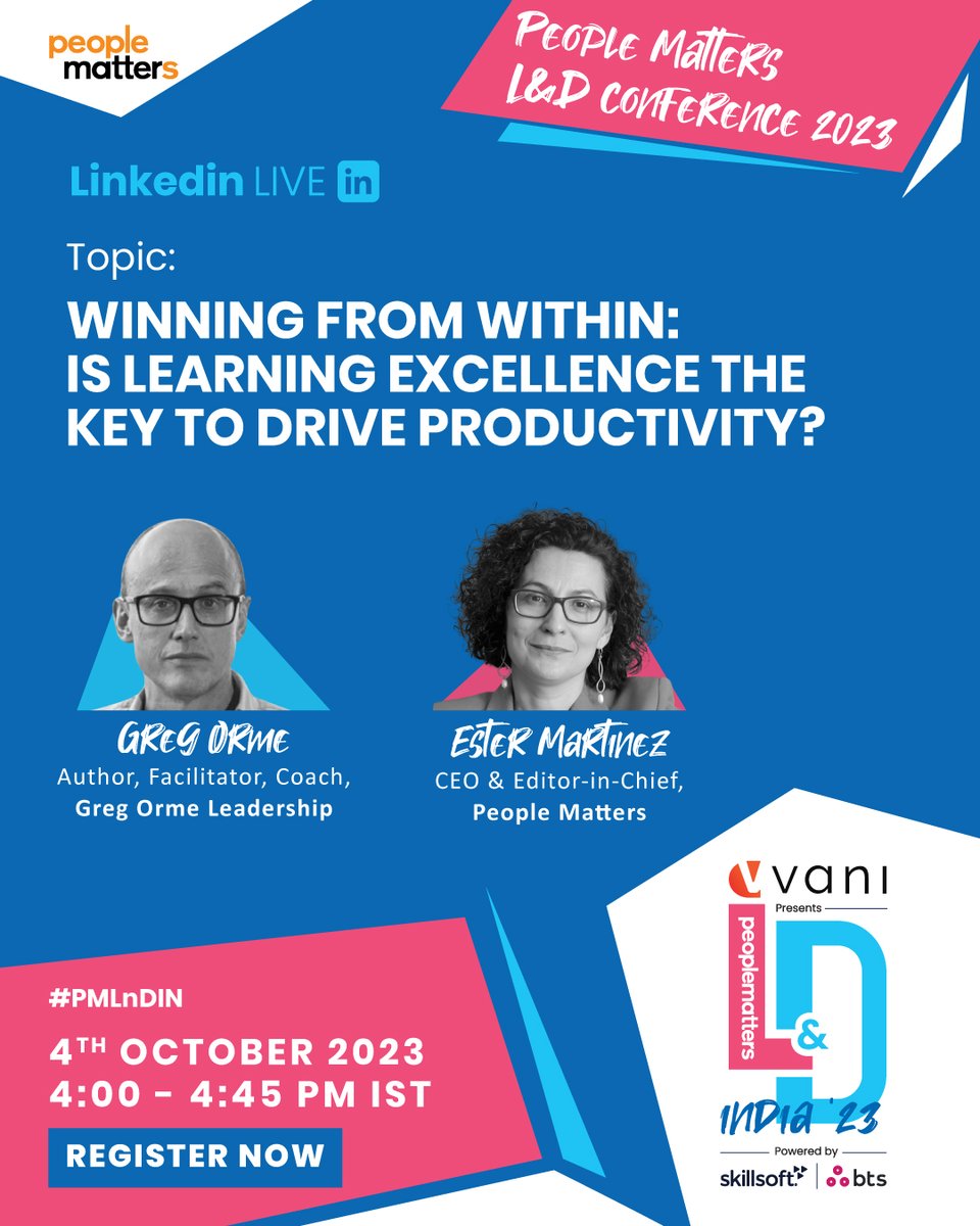 Join me for the People Matters L&D pre-conference LinkedIn Live session tomorrow with Greg Orme, Author, Facilitator, Coach, Greg Orme on the topic, ''Winning From Within: Is Learning Excellence The Key To Drive Productivity?' We'll be discussing how to foster a culture of