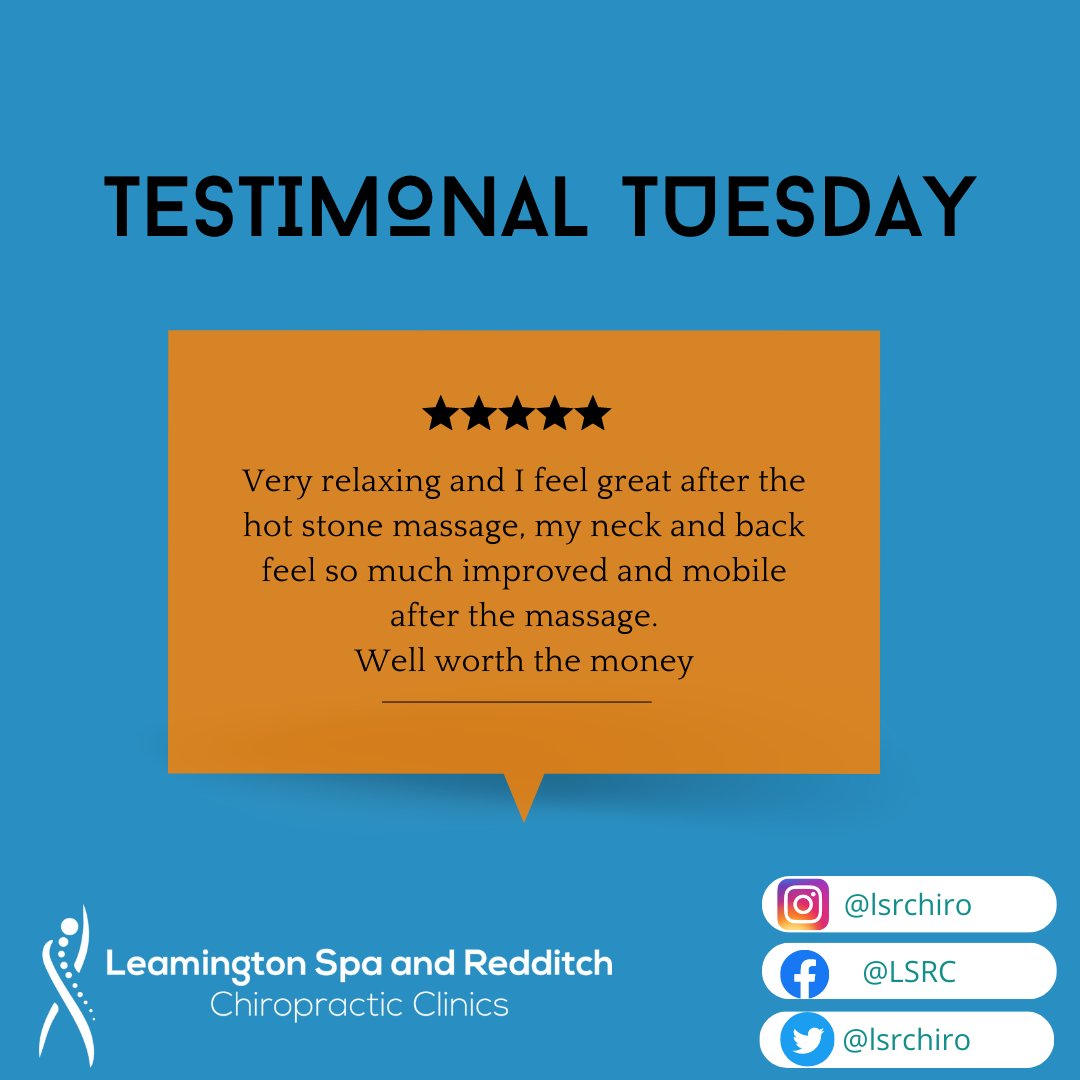 LSRChiro's tweet image. A great feedback for out hot stone massage treatment! 

Book your appointment today via our website - lsrc.co.uk

#feedback #review #massage #hotstone #chiropractic #tuesday #lsrc