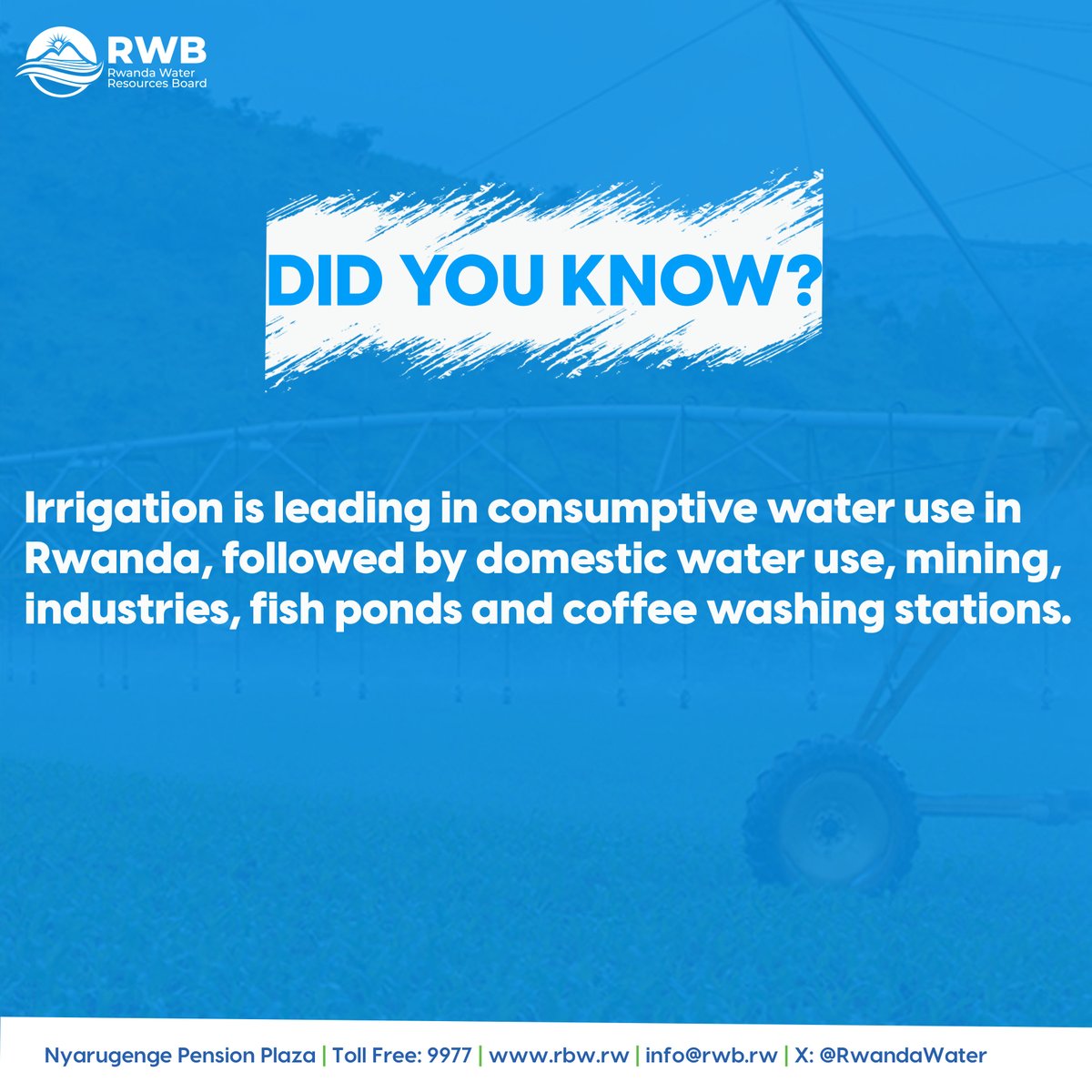 RwandaWater's tweet photo. #Didyouknow? Irrigation takes the lead in water consumption, followed by domestic water use, industries, mining, fish ponds, and coffee washing stations.
This highlights the need for sustainable water management practices.
Apply for #WaterPermit via https://t.co/JLErjAvcG9 https://t.co/8kvX78fn3q