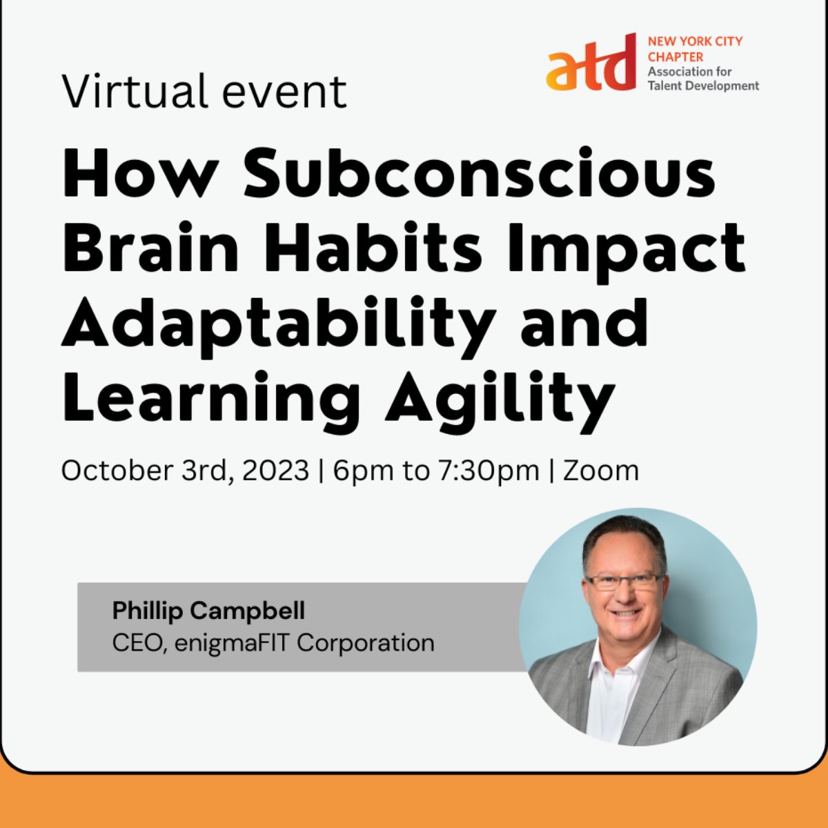 Join us tonight as Phillip Campbell, CEO of enigmaFIT, explores the engaging neuroscience behind:
Fluid Thinking and The associated 10 Subconscious Thinking Habits.
And provides an #interactive dive into Focused Thinking
#productivity #atdnyc #training
lnkd.in/eAmpyYVp