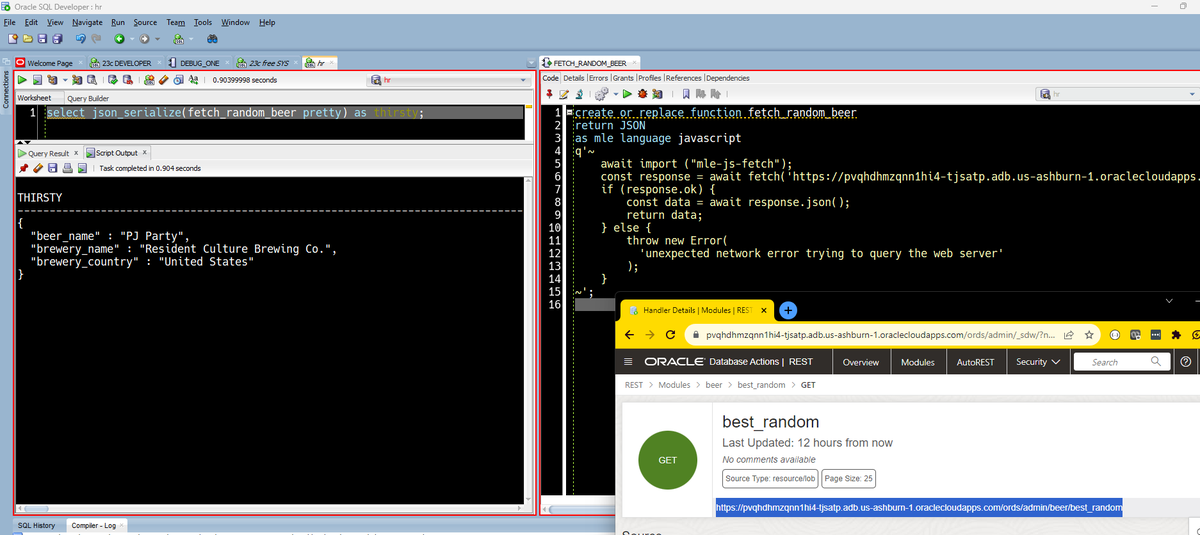 thatjeffsmith's tweet photo. Using JavaScript in the database FETCH data from REST API and call that from SQL is easy.

Here my REST API is from my Autonomous Oracle Database 19c, and my local 23c DB is acquiring data from that resource.

And in 23c the db can use local OS Cert for https! https://t.co/RQDf9eI6LL