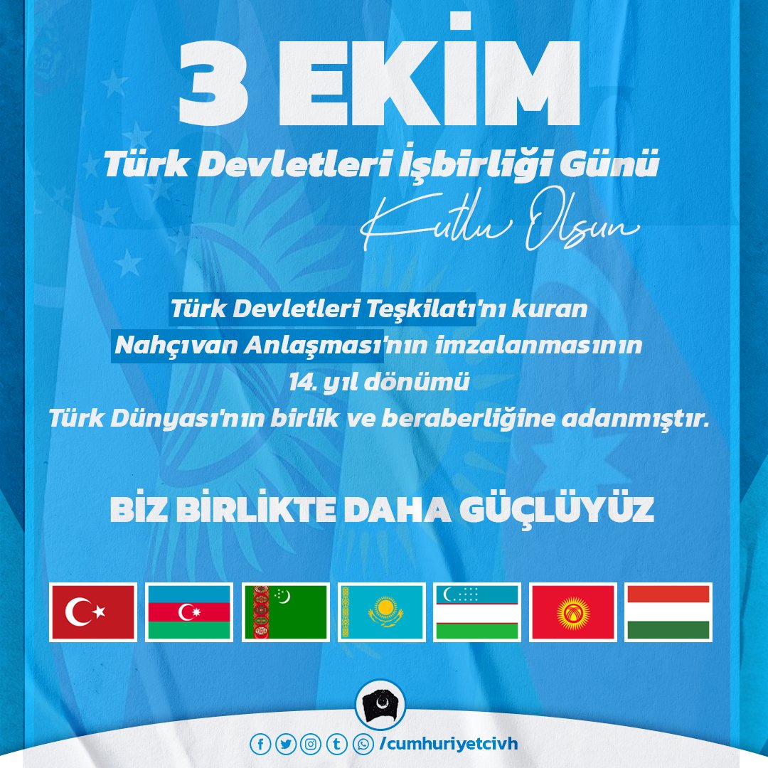 3 Ekim #TürkDevletleriİşbirliğiGünü kutlu olsun. 

#TürkDevletleriTeşkilatı'nı kuran #Nahçıvan Anlaşması'nın imzalanmasının 14. yıl dönümü Türk Dünyası'nın birlik ve beraberliğine adanmıştır.

#BizBirlikteDahaGüçlüyüz
🇹🇷🇦🇿🇰🇿🇰🇬🇺🇿🇭🇺🇹🇲