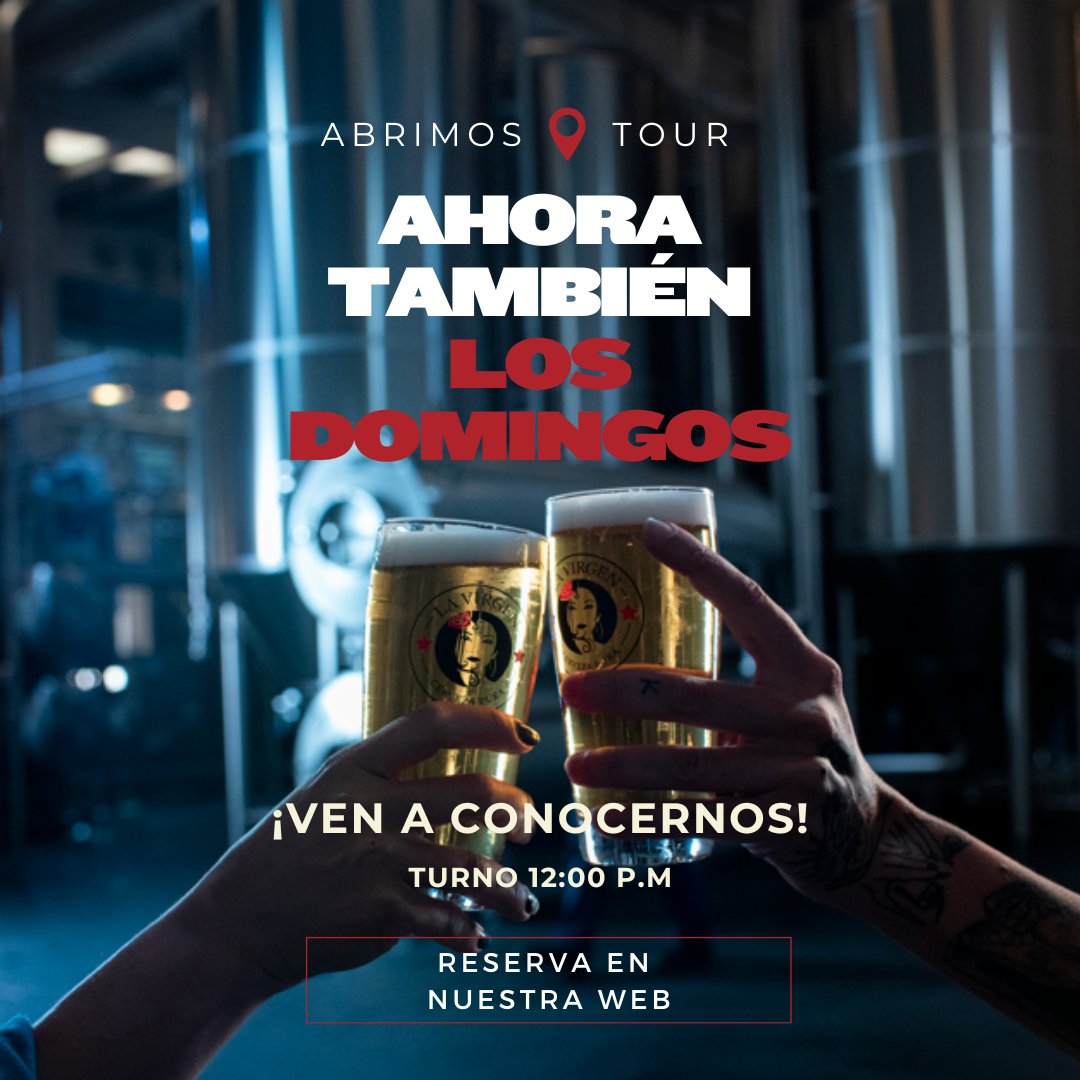 Ahora también tenemos tours los domingos! Visita nuestra Fábrica y disfruta después de una cata de cervezas!

Reserva👇
cervezaslavirgen.com/tours/tour-fab…