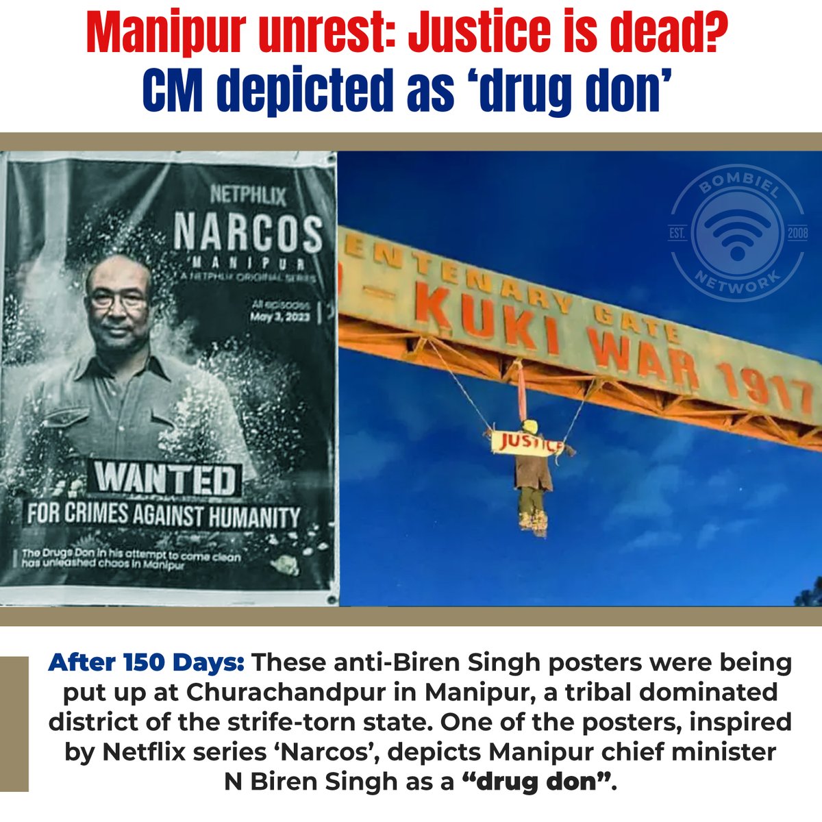bombielnet's tweet photo. #ManipurUnrest | Anti-Biren Singh posters appear across Lamka (Churachandpur). The poster- titled Narcos Manipur, with picture of CM Biren Singh, read: “WANTED FOR CRIMES AGAINST HUMANITY.”
“The Drug Don in his attempt to come clean has unleashed chaos in Manipur.”

#ManipurAtrocities #EthnicCleansingOfKuki_Zo #ThisIsKuki