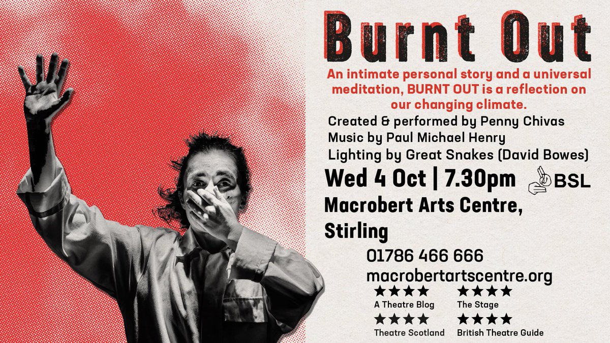 Still digesting the wallop of Burnt Out, Penny Chivas’s one woman gut punching performance on the Australian fires and climate change. Chivas is the fire burning all around you. Macrobert Arts Centre tomorrow! 7:30pm tickets: macrobertartscentre.org/shows/529827AM… logo photo: Brian Hartley.