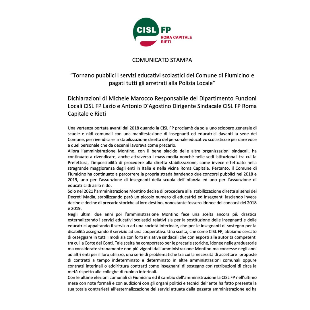 cislfproma's tweet photo. ❗🟢“Tornano pubblici i #servizi #educativi #scolastici del Comune di #Fiumicino e pagati tutti gli #arretrati alla #PoliziaLocale”. Le dichiarazioni di @michelemarocco @cislfproma
#ilmiolavorovale https://t.co/TDXobNURQh